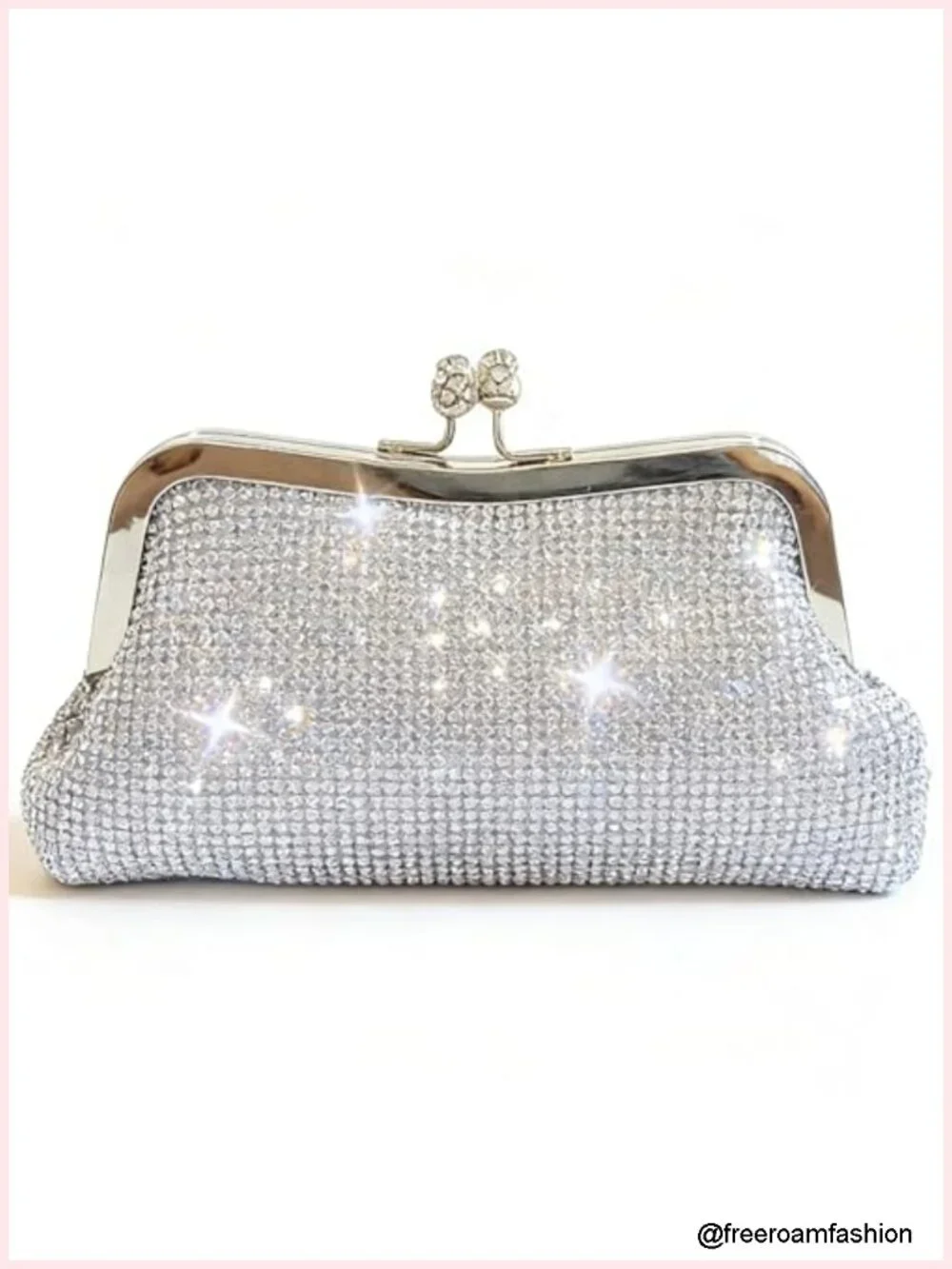 Rhinestone Kiss Lock Clutch Evening Bag with Detachable Chain